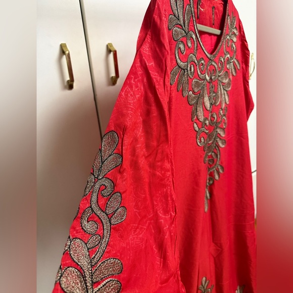 Tops - Arabian Red Embroidered Long Dress with Metallic Thread Detail L/XL